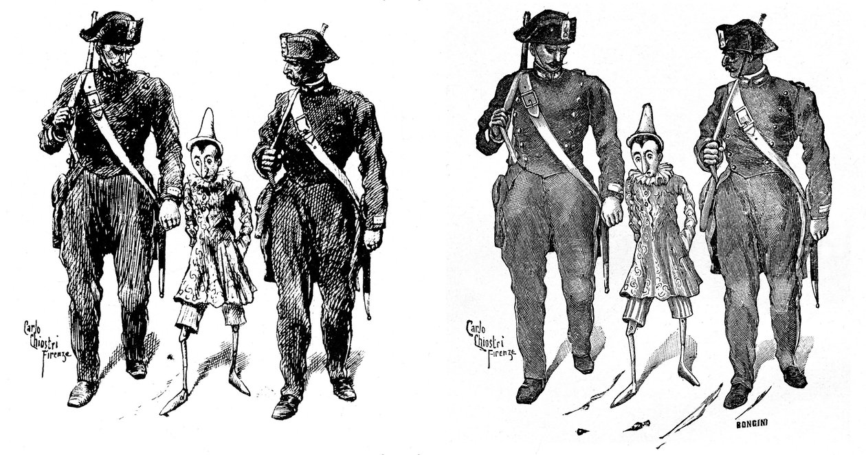 Pinóquio de Carlo Chiostri (1863-1939), um dos primeiros ilustradores italianos da obra de Collodi (Carlo Lorenzini). Dois gendarmes levam o boneco de madeira. A imagem da esquerda é o desenho original de Chiostri, a da direita é a carruagem de gravura de Carlo Chiostri