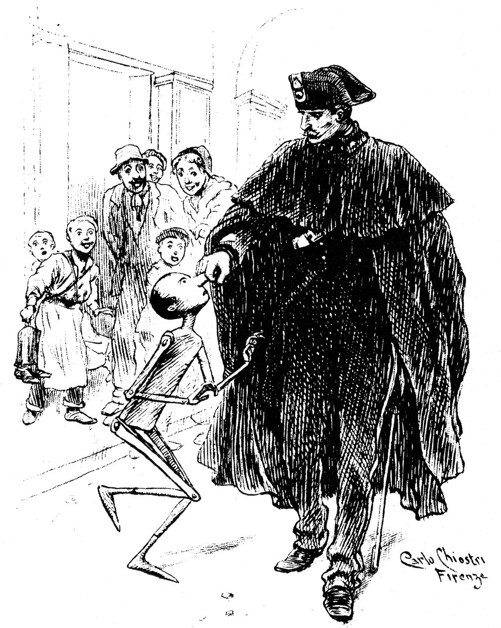 Pinóquio de Carlo Chiostri (1863-1939), um dos primeiros ilustradores italianos da obra de Collodi (Carlo Lorenzini). Um polícia agarra o boneco de madeira pelo nariz, tem a grande alegria da querida. Este desenho original de Chiostri deve ser c de Carlo Chiostri