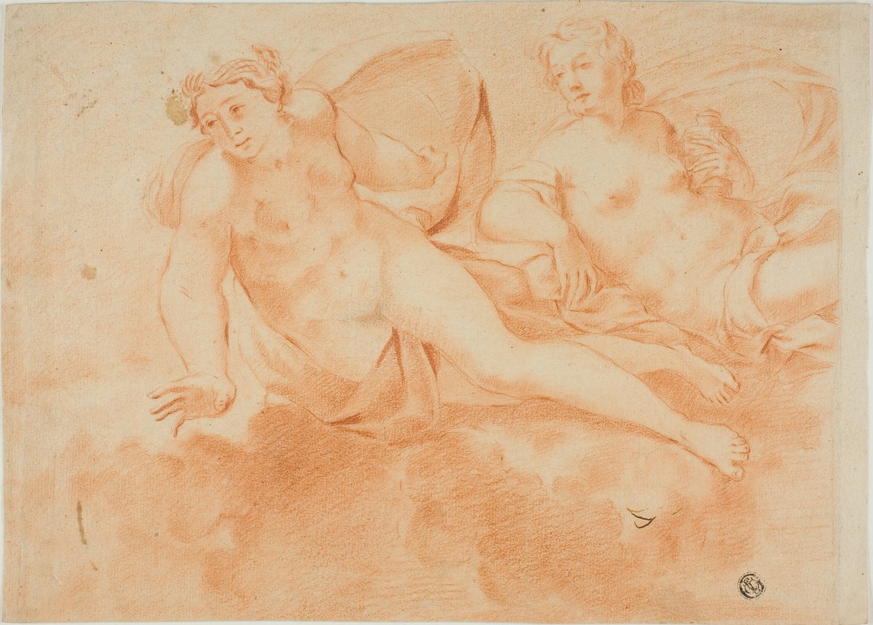 Duas figuras femininas nuas carregadas de nuvens (anverso); fragmento de figura reclinada (verso) de Carlo Cignani