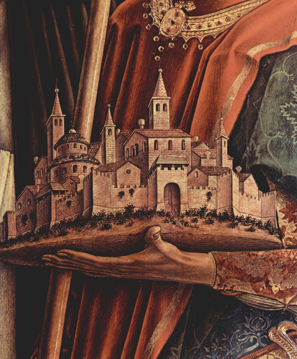 Tríptico do altar, painel da direita: São Pedro Mártir e São Veneziano de Camerino, pormenor: maqueta da cidade de Camerino nas mãos do santo Veneziano de Carlo Crivelli