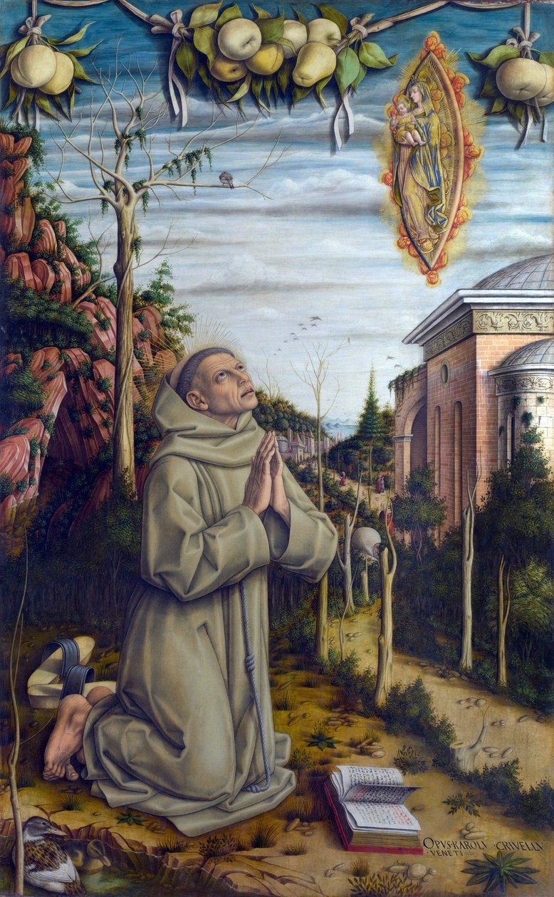 A visão do Beato Gabriel - Gabriele Ferretti (1385-1456), franciscano italiano vê a Virgem Maria e o menino Jesus aparecer - Pintura de Carlo Crivelli (por volta de 1435- por volta de 1495), têmpera sobre madeira (141x87 cm) de Carlo Crivelli