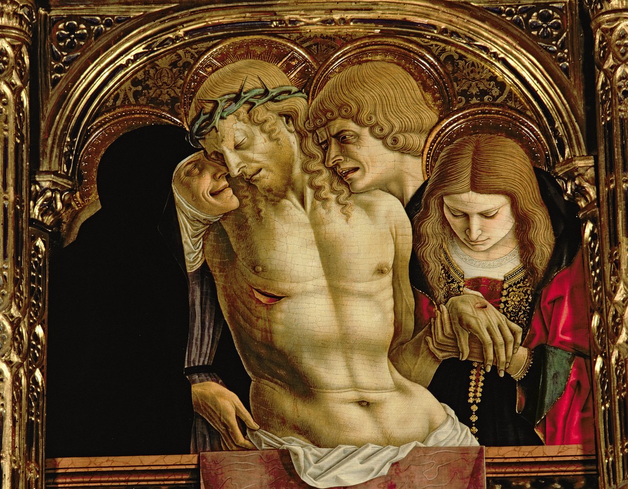 Lamentação do Cristo Morto, detalhe do políptil SantEmidio, 1473 têmpera sobre detalhe do painel de 76636 de Carlo Crivelli