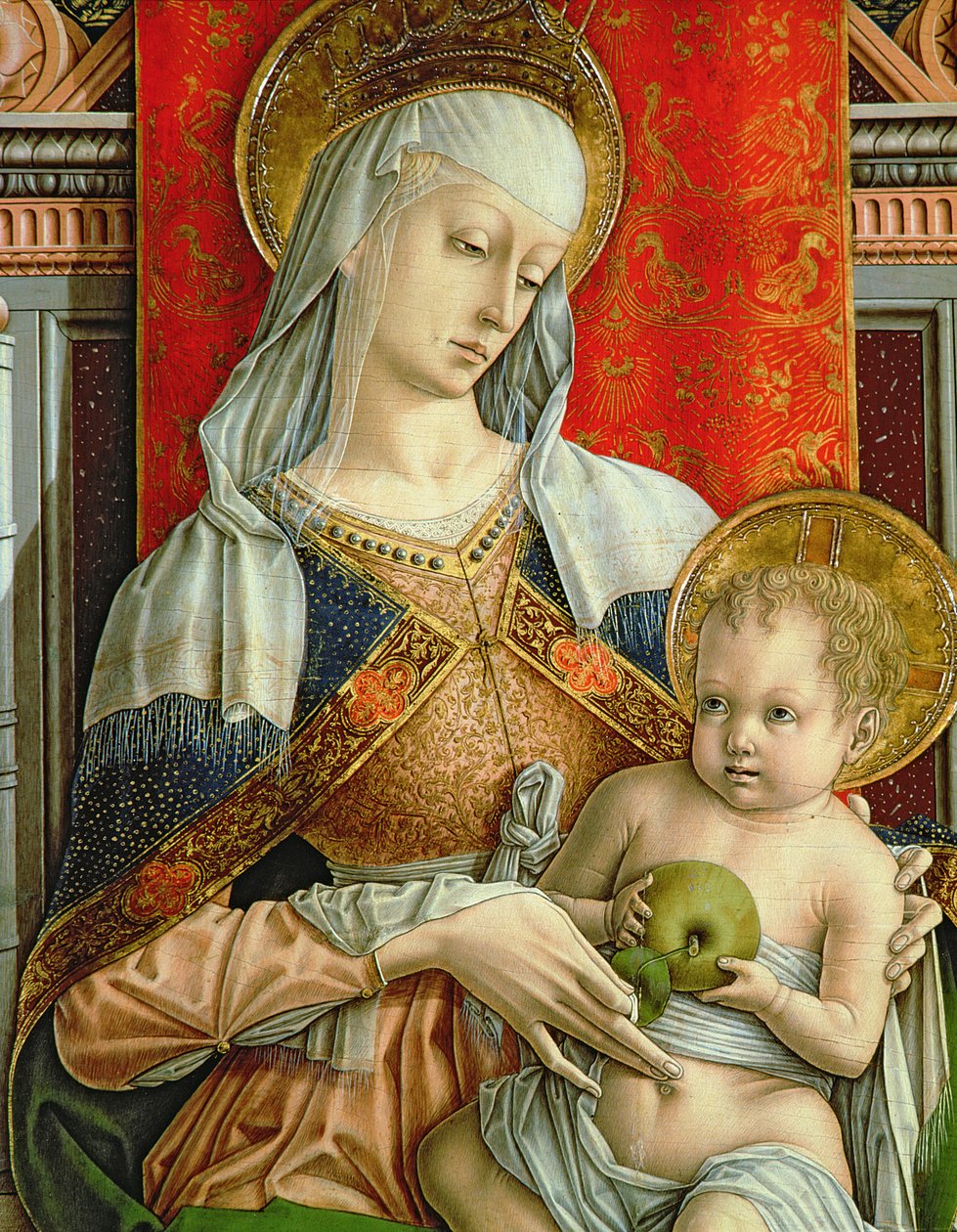 Madonna and Child, detalhe do políptico de SantEmidio, 1473 têmpera no detalhe do painel de 76636 de Carlo Crivelli