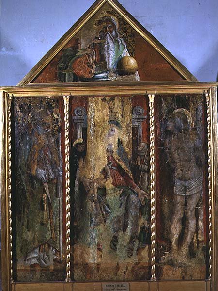 Madonna e Criança com santos, o primeiro tríptico do Valle Castellamo (tempera no painel) de Carlo Crivelli
