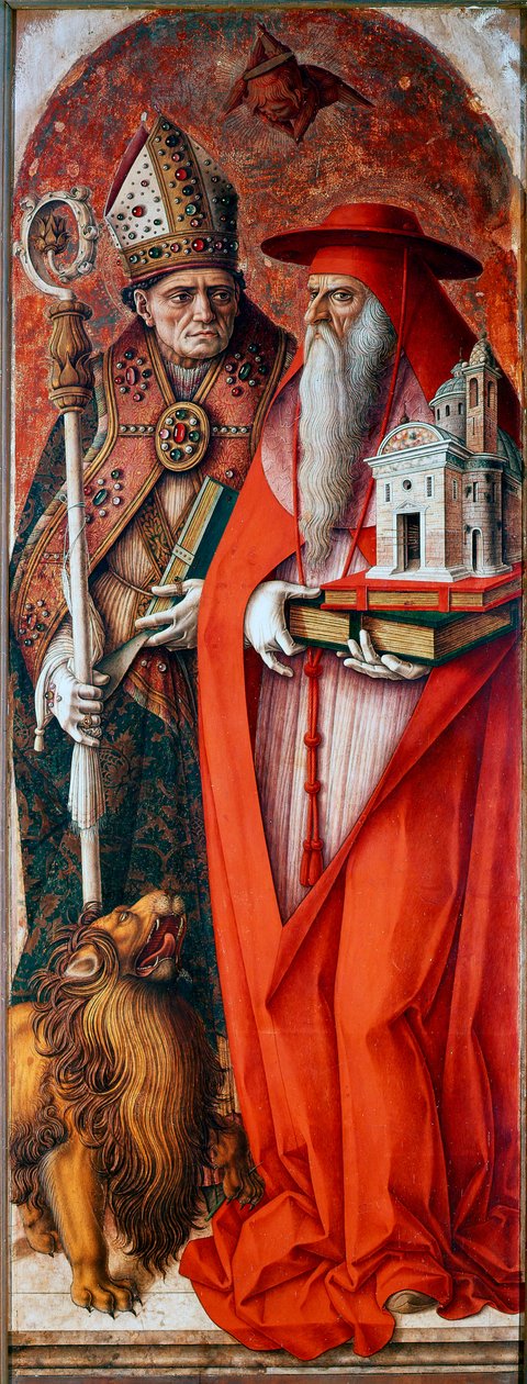 Políptico da Catedral de Camerino (Duomo di Camerino): São Jerônimo e Santo Agostinho. Pintura de Carlo Crivelli (1430/35-1494/1500). Tempera sobre madeira de Carlo Crivelli