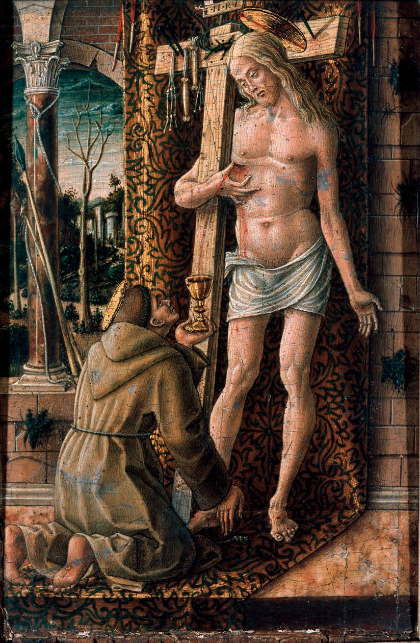 São Francisco de Assis Recolhe o Sangue de Cristo Detrempe sobre madeira de Carlo Crivelli (1430/35-1494/1500) 1480-1486 Sol. 19x13 cm Milão, Museo Poldi Pezzoli de Carlo Crivelli