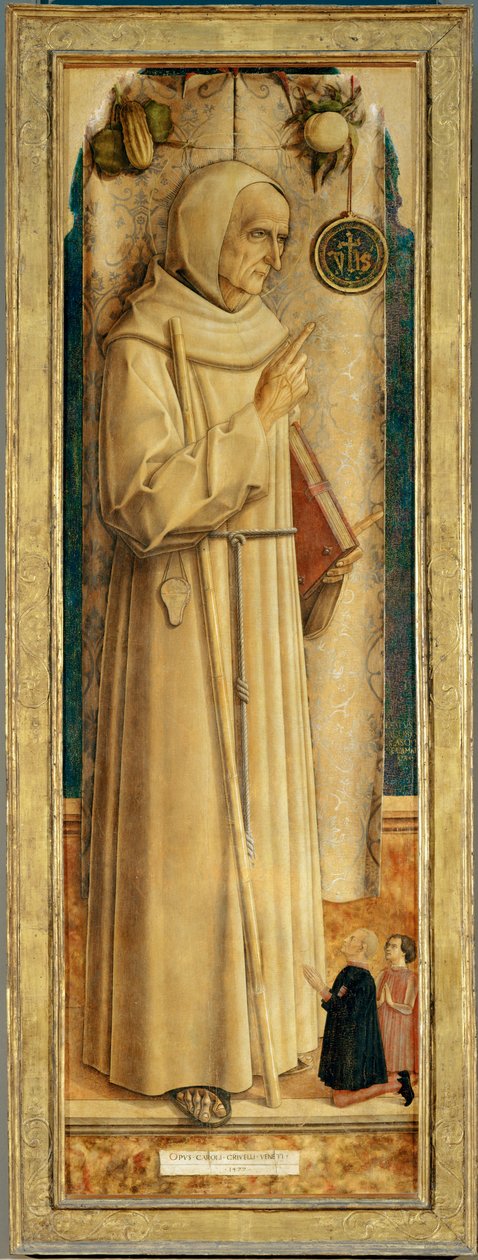 São Jaques de la Marche e dois doadores ajoelhados ... de Carlo Crivelli