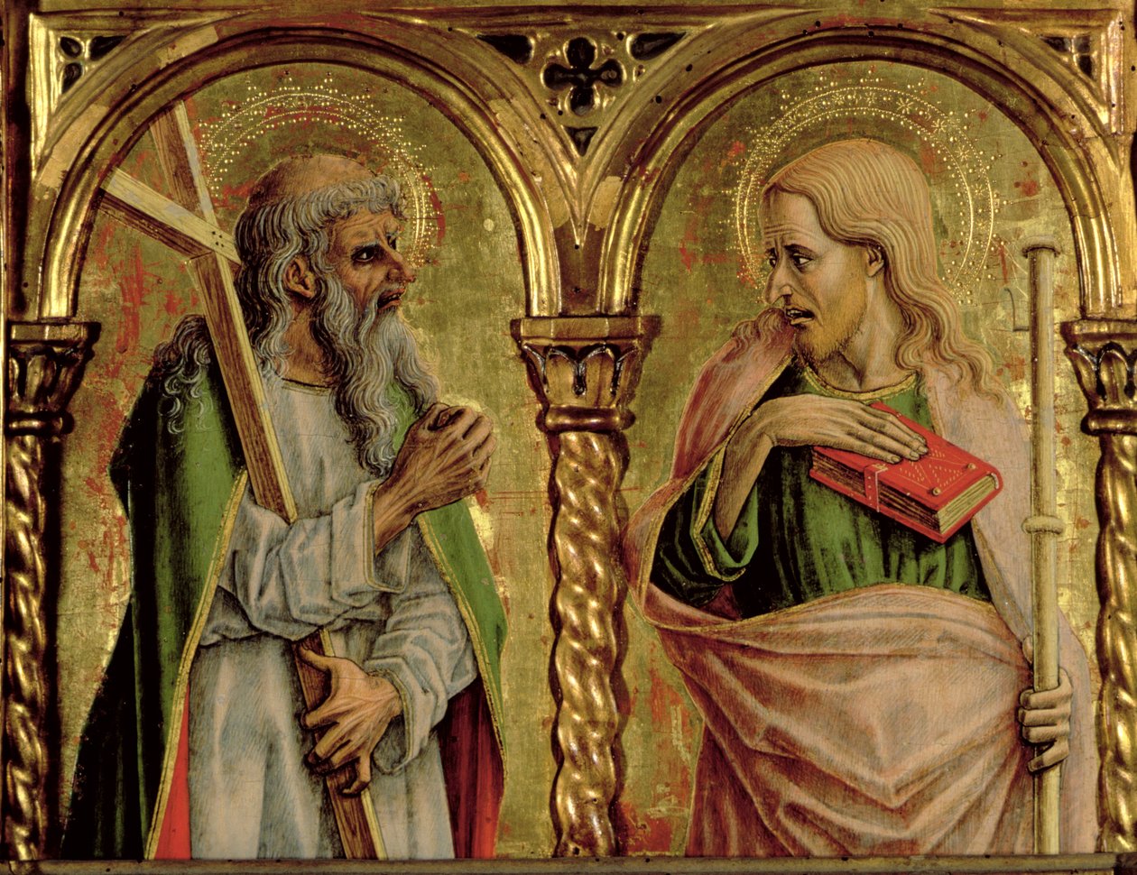 Santo André e São Tiago o Maior, detalhe do políptico SantEmidio, 1473 têmpera no detalhe do painel de 76636 de Carlo Crivelli