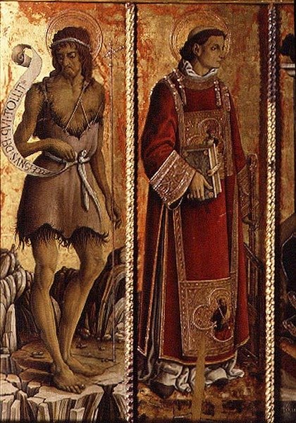 São João Batista e São Lourenço, detalhe do políptico de San Silvestro de Carlo Crivelli