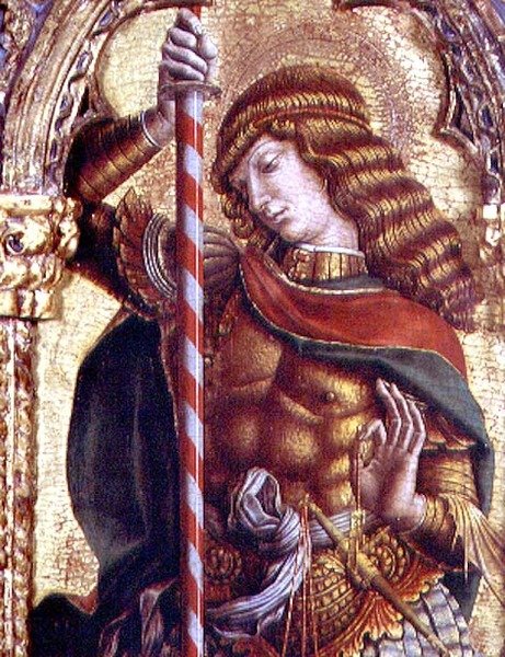São Miguel, detalhe do políptico de San Martino (tempera no painel) (ver 76669) de Carlo Crivelli