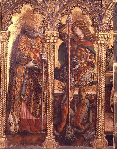 São Nicolau e São Miguel, detalhe do políptico de San Martino (tempera no painel) (ver 76669) de Carlo Crivelli