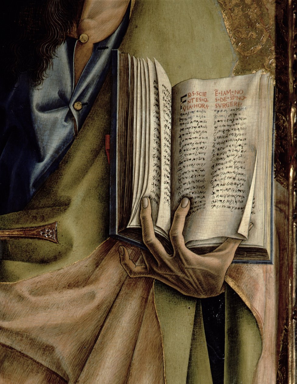 São Paulo, detalhe do Livro das Epístolas, do políptico SantEmidio, 1473 têmpera no detalhe do painel 76647, 76646 e 76636 de Carlo Crivelli