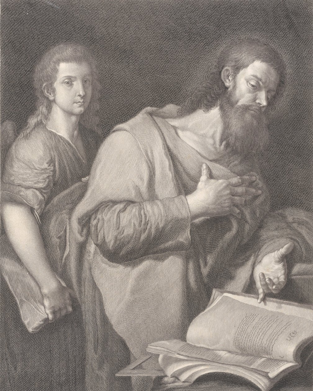 São Mateus, diante de um livro à direita com a mão no peito, outro homem..., 1750-84 de Carlo Faucci