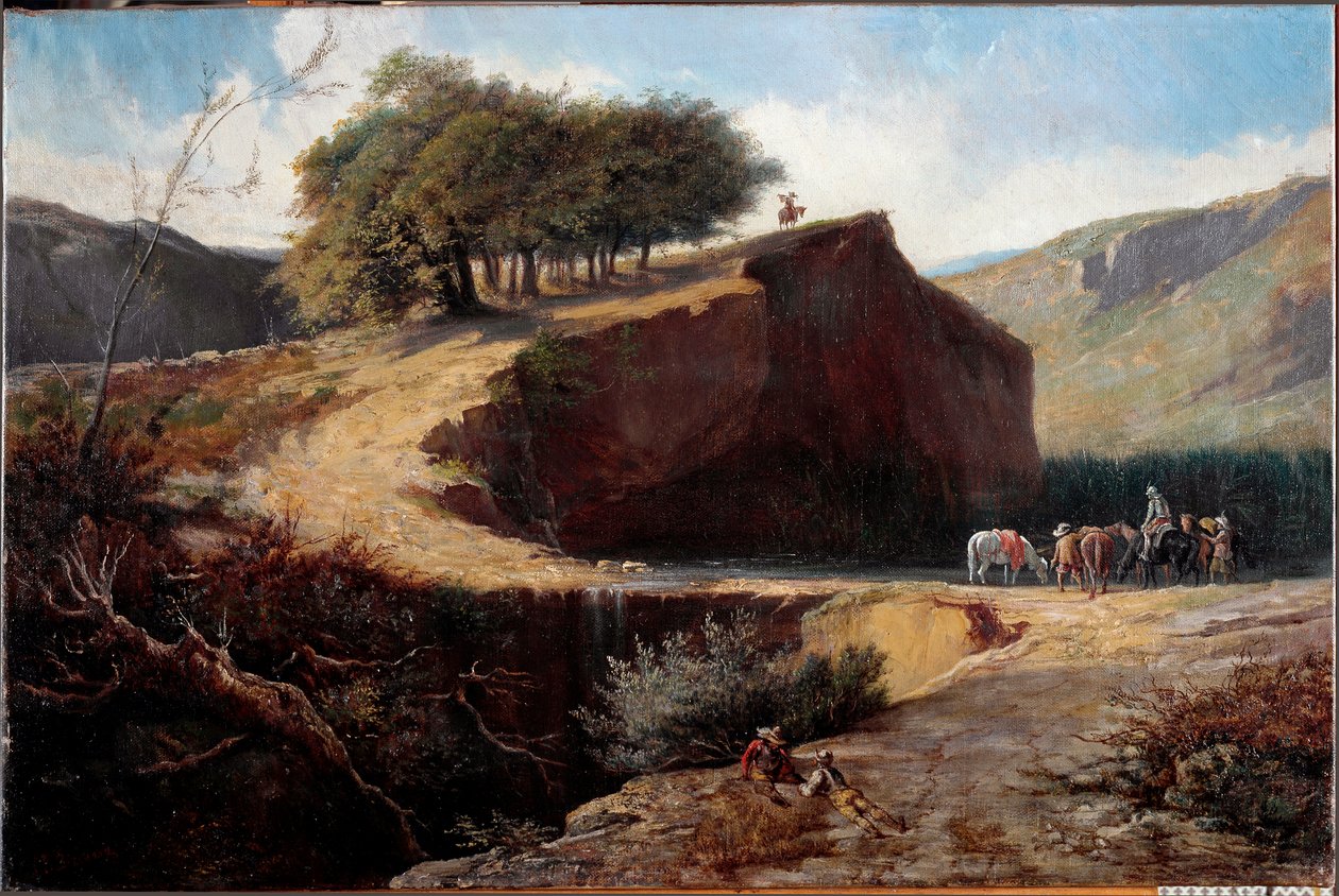 Caçadores em uma paisagem italiana (óleo sobre tela de Carlo Felice Biscarra