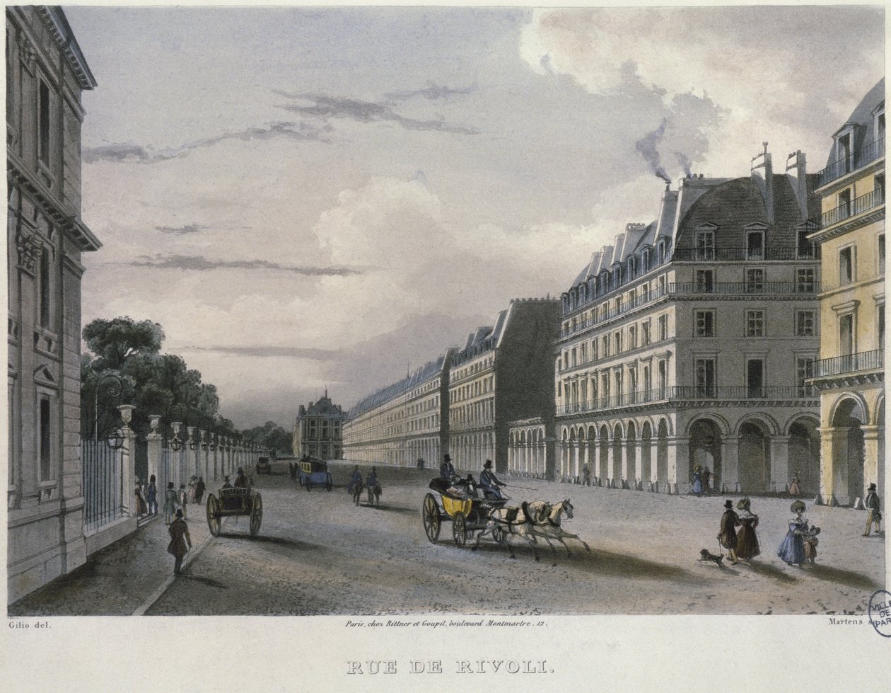 A Rue de Rivol, gravada por Frederic Martens (1809-75) 1832 (gravura a cores) de Carlo Gilio