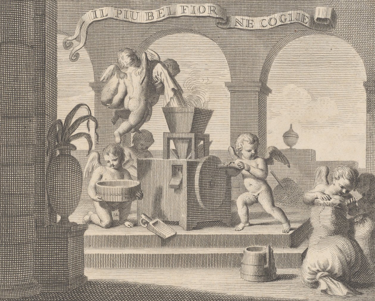 Ela colhe a flor mais bela Il più bella fior grogli ne, um grupo de seis putti trabalhando ..., 1740-59 de Carlo Gregori