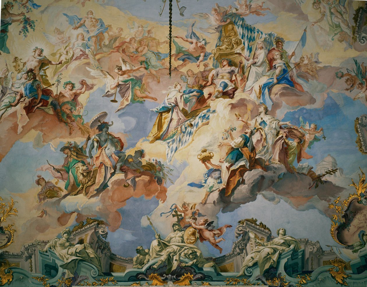 A assembleia dos deuses aceitando o imperador Carlos Alberto entre eles e Fama convocando os quatro continentes ... (fresco) de Carlo Innocenzo Carlone
