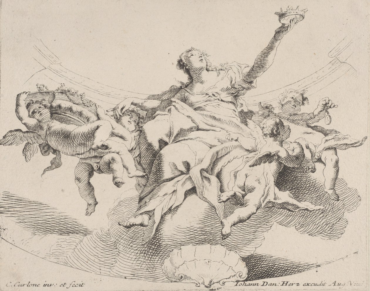 Poder, representado por uma mulher sentada nas nuvens segurando uma coroa e cercada por putti,..., 1725-75. de Carlo Innocenzo Carloni