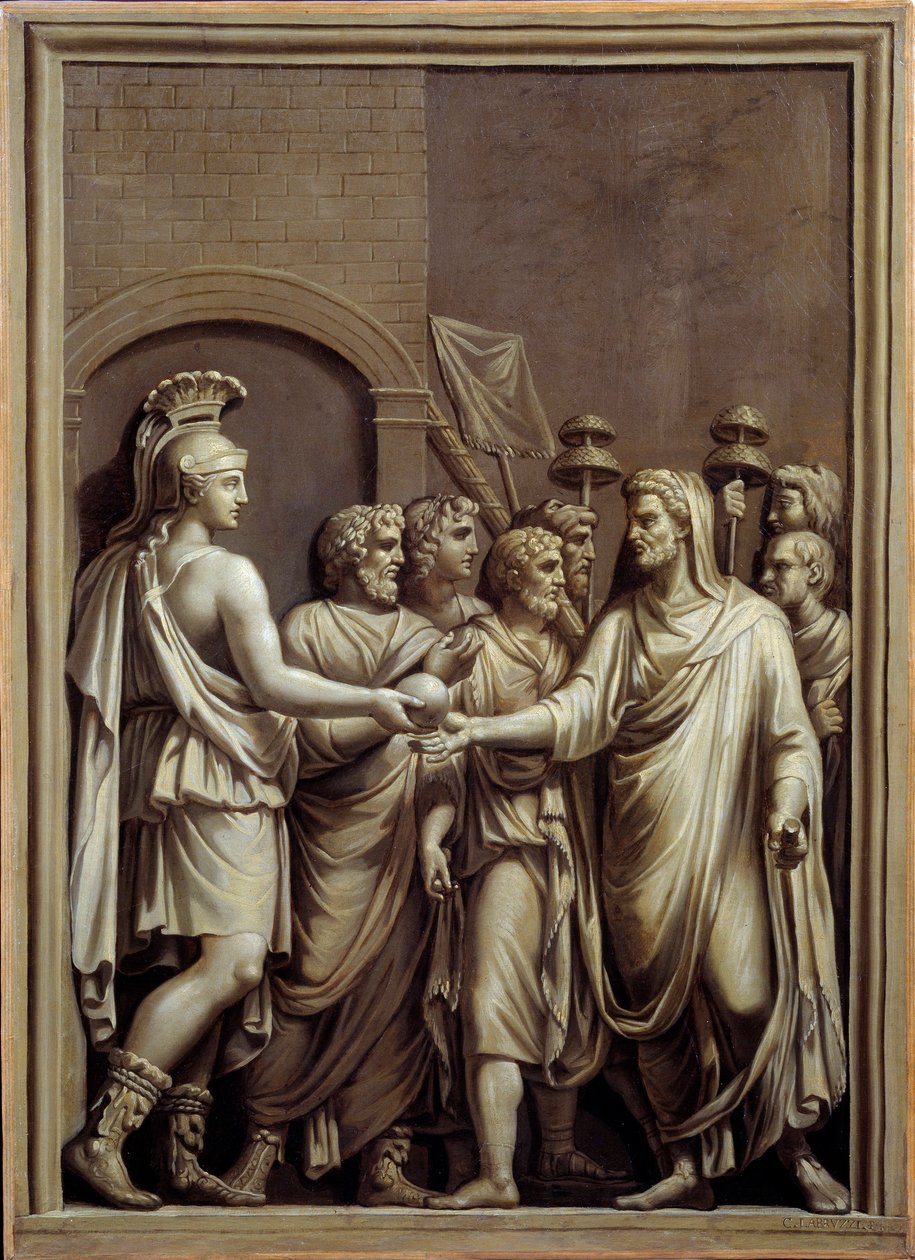 Roma Antiga: guerreiro e homem numa toga trocando uma esfera. Pintura de Carlo Labruzzi (1748-1818), depois de um baixo relevo romano. Brest. Museu de Belas Artes de Carlo Labruzzi