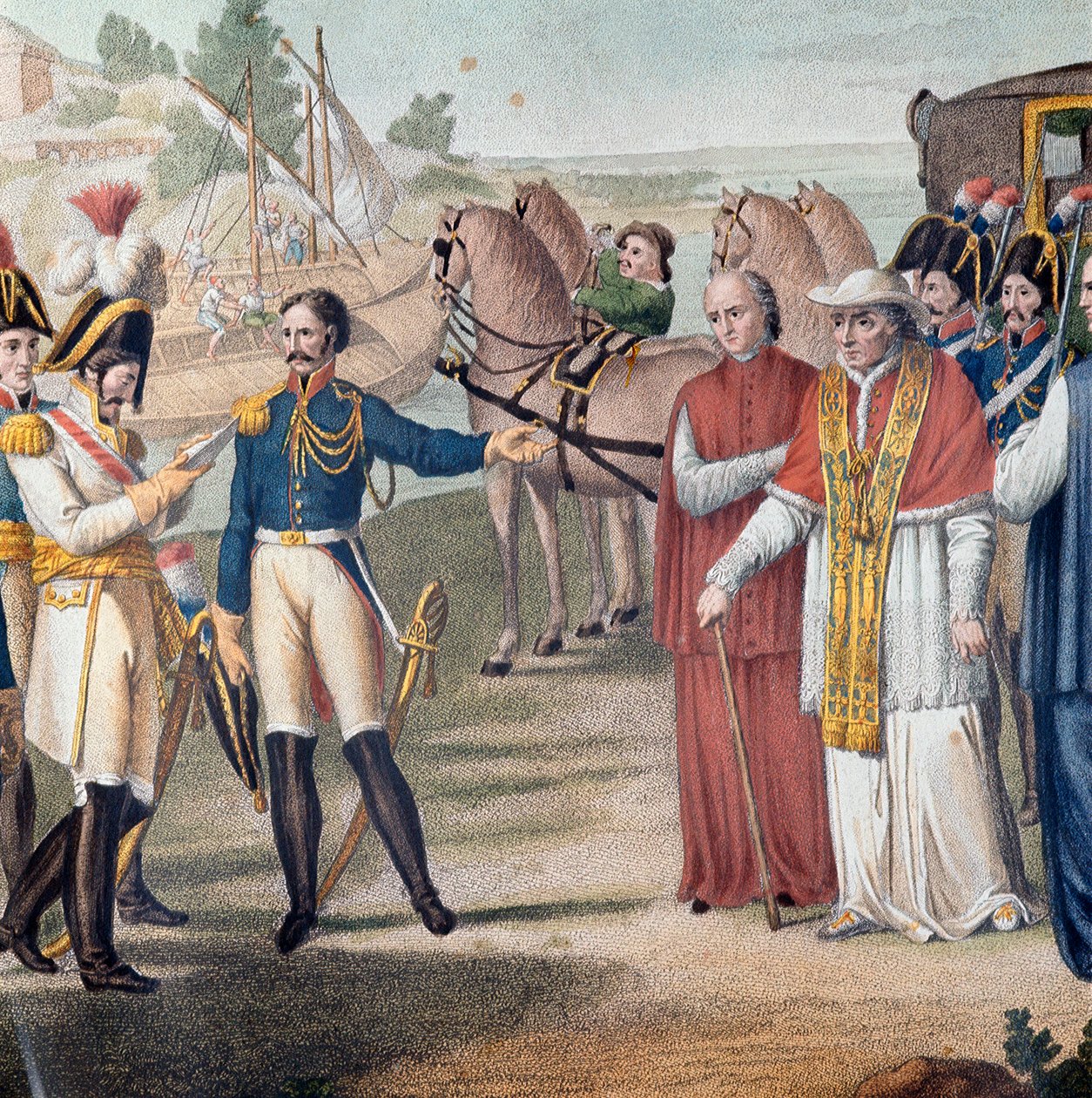 O Papa Pio VII (Pio) (1742-1823) foi preso no seu regresso à Itália pelo exército austro-neapolitano perto de Parma em 25 de Março de 1814 - Gravura de Carlo Lasinio (1759-1838) - Litografia a cores (A prisão do Papa Pio VII (1742-1823) no seu regresso à I de Carlo Lasinio