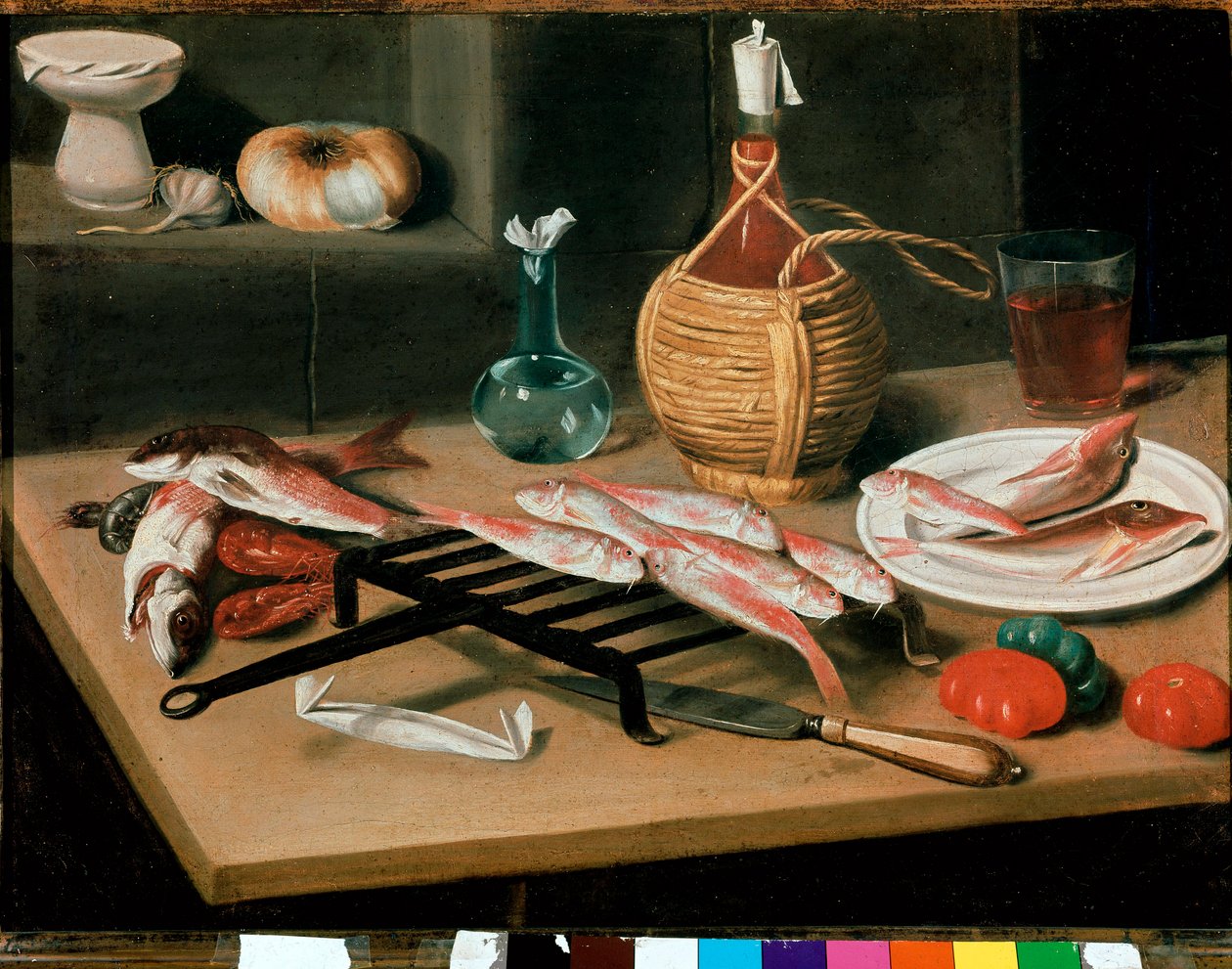 Mesa de Natureza Morta com pratos de peixe grelhados (tainha) e garrafa de vinho (damigiana). Pintura de Carlo Magini (1720-1806). Faenza, Pinacoteca comunitária de Carlo Magini