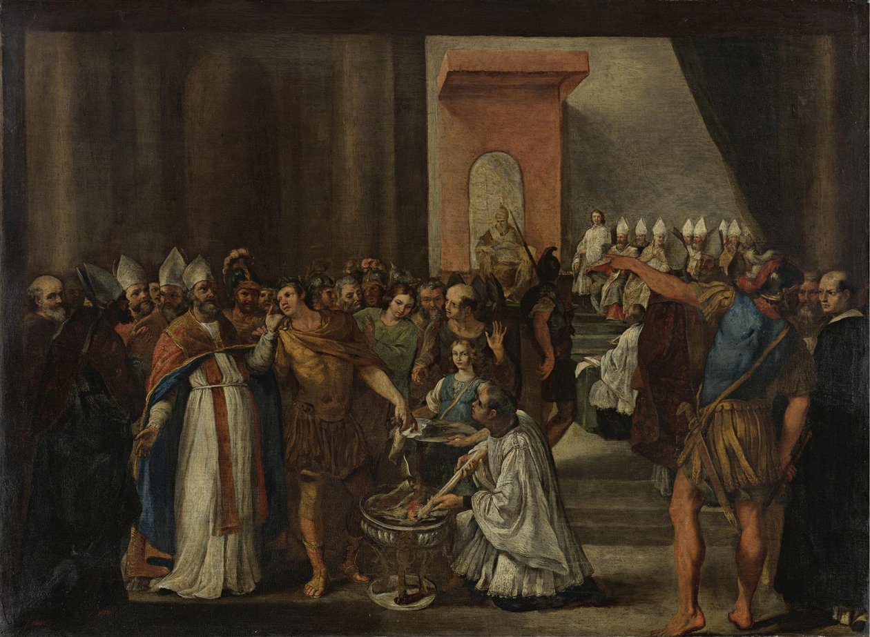 Imperador Constantino queimando livros arianos, década de 1640 de Carlo Magnone