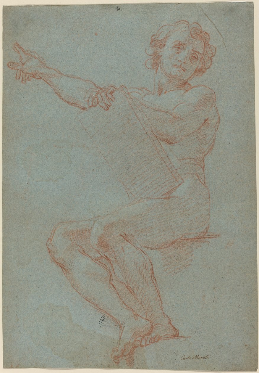 Um homem sentado segurando um tablet de Carlo Maratta