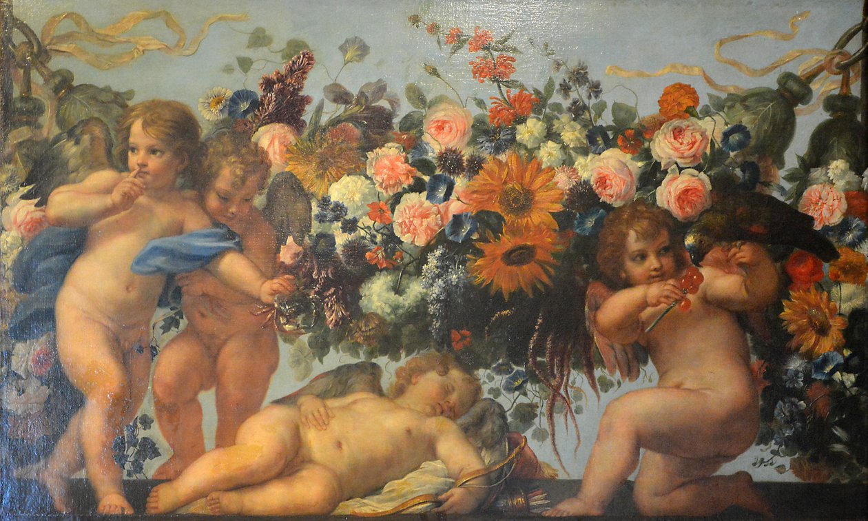 Francês:  Amour et guirlande de fleurs avec perroquet Cupidos e grinaldas de flores com um papagaio de Carlo Maratta