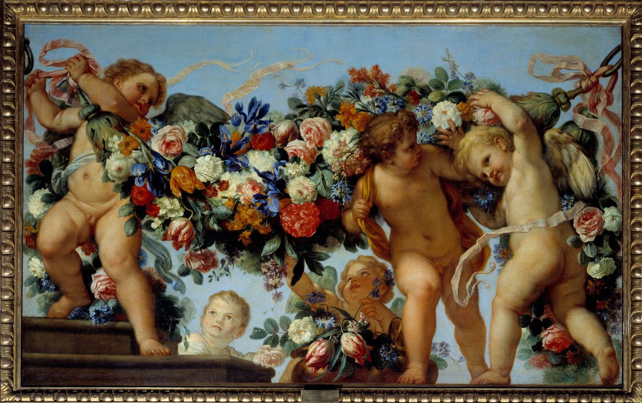 Amor e grinaldas de flores Pintura de Carlo Maratta (1625-1713) Sol do século XVII. 1,06x1,73 m de Carlo Maratta or Maratti