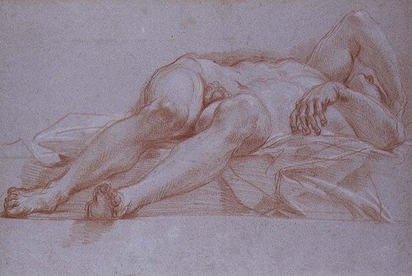 Estudo para a Figura de Sisera, giz sobre papel, c.1680: desenho preliminar para o mosaico de Jael e Sisera para a Capela da Apresentação em São Pedro, Roma. de Carlo Maratta or Maratti