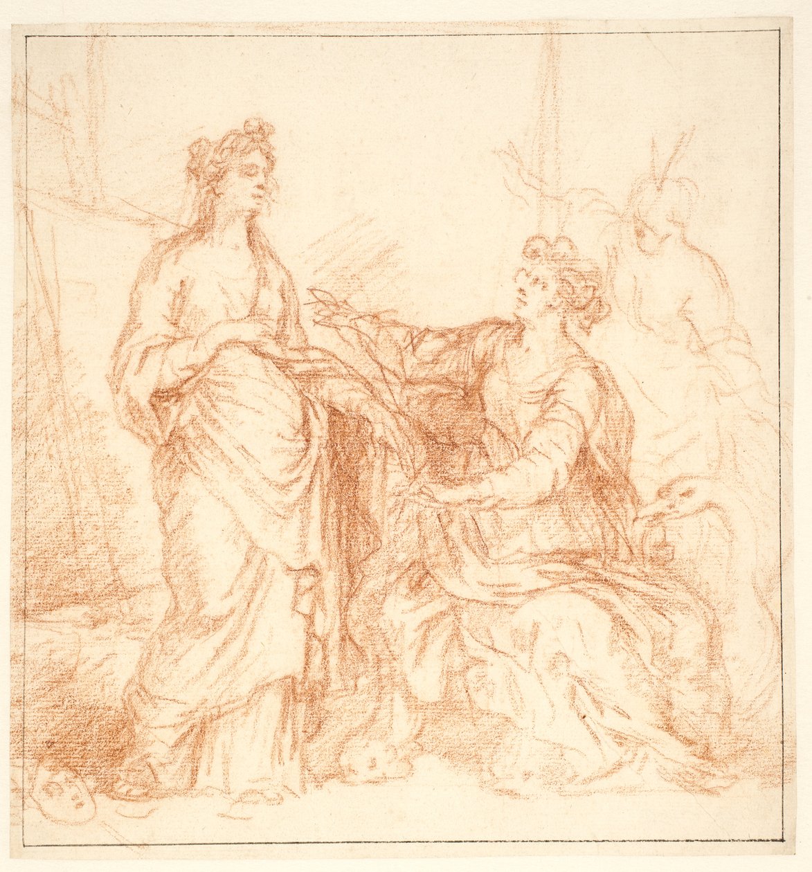Composição alegórica com três figuras femininas em frente a um quadro em cavalete, uma com máscara aos pés, outra acompanhada de um cisne de Carlo Maratti