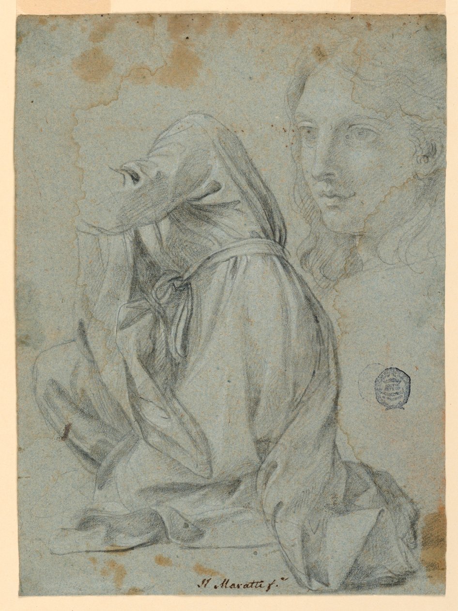 Desenho, Estudos: O Pano de uma Mulher Ajoelhada. A cabeça de uma jovem mulher, 1650-1675 de Carlo Maratti