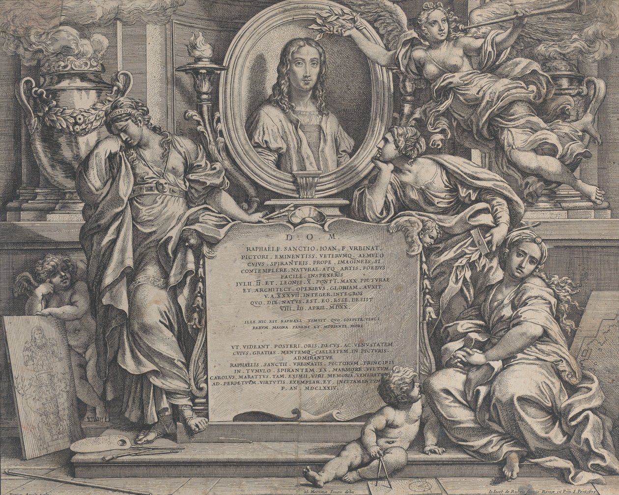 Frontispício com retrato oval de Rafael, com três figuras alegóricas do Suplemento das Artes..., 1675. de Carlo Maratti