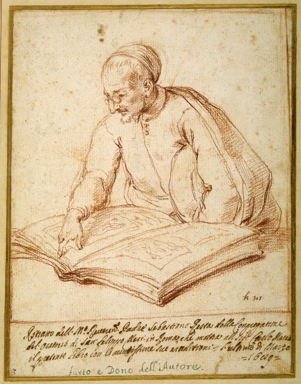 Padre Sebastiano Resta examinando um fólio de desenhos (giz vermelho sobre papel) de Carlo Maratti