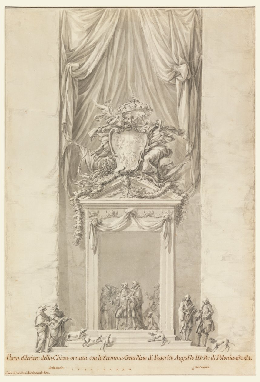 Entrada de San Salvatore em Lauro com decoração para o funeral do rei Frederico Augusto III da Polônia, Roma, Itália de Carlo Marchionni