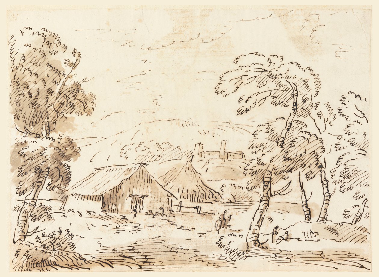 Desenho, Uma casa de camponês e um castelo num campo montanhoso, 1762-1786 de Carlo Marchionni