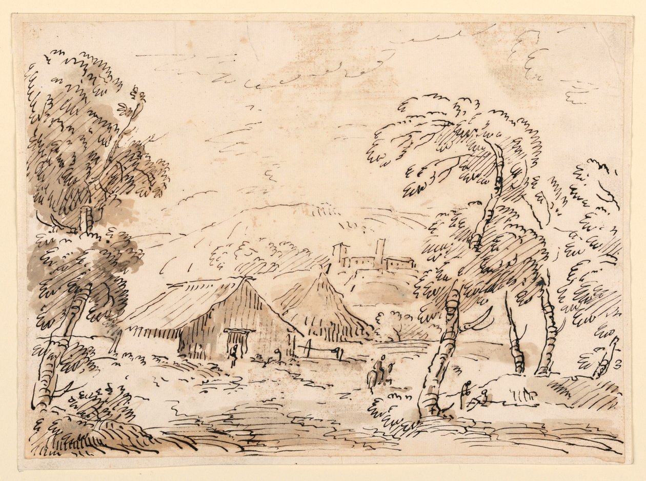 Desenho, Uma casa de camponês e um castelo num campo montanhoso, 1762-1786 de Carlo Marchionni