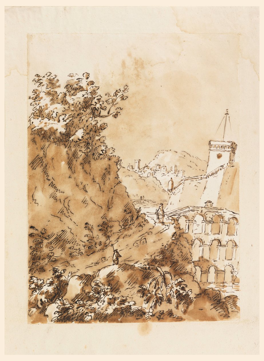 Desenho, Paisagem com cidade de montanha, 1760-80 de Carlo Marchionni