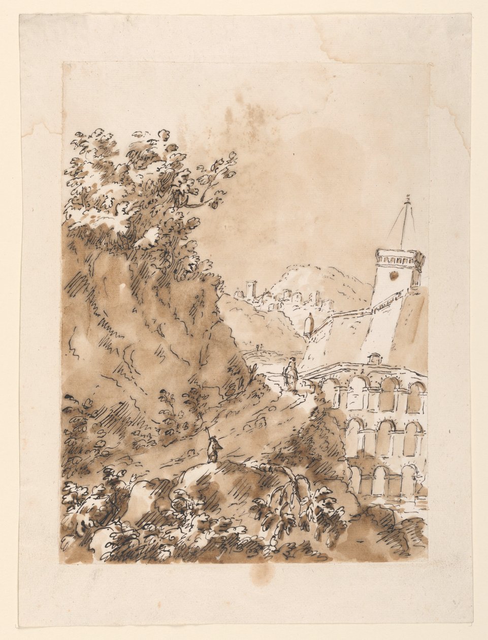 Desenho, Paisagem com cidade de montanha, 1760-80 de Carlo Marchionni