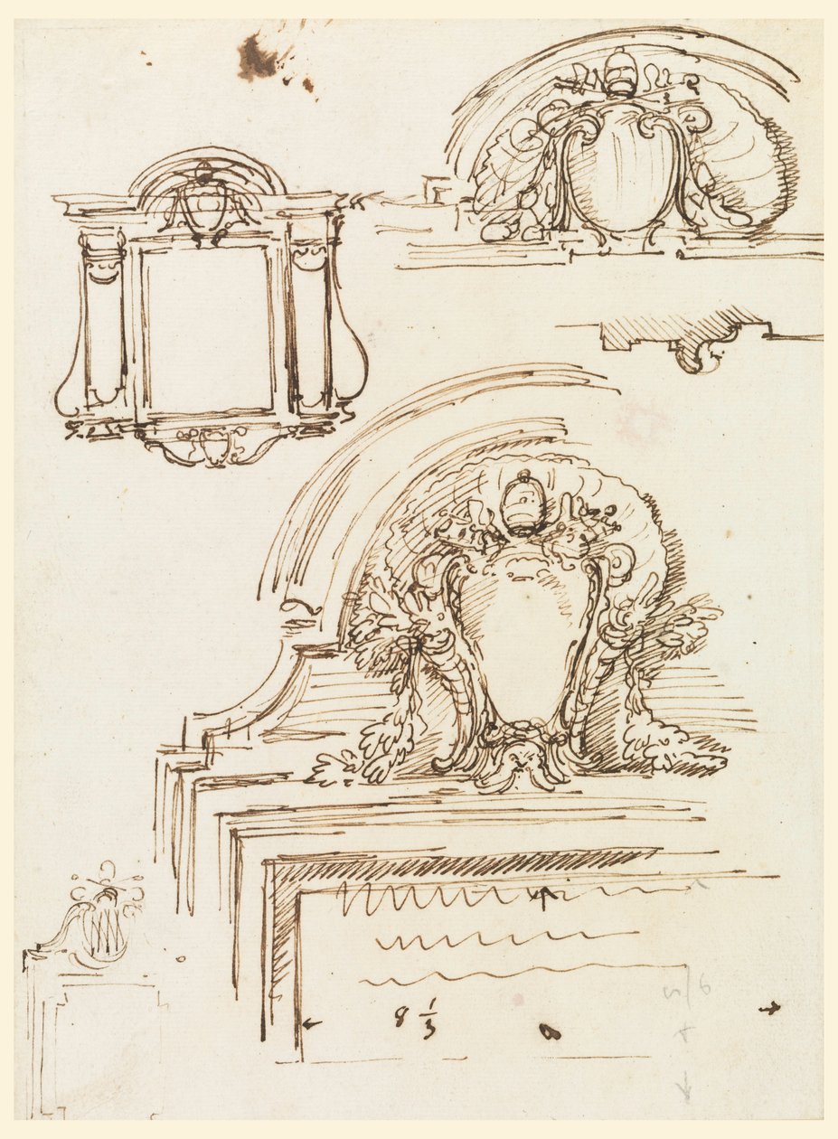Desenho, esboços para molduras, para a sacristia de São Pedro, 1740-58 de Carlo Marchionni