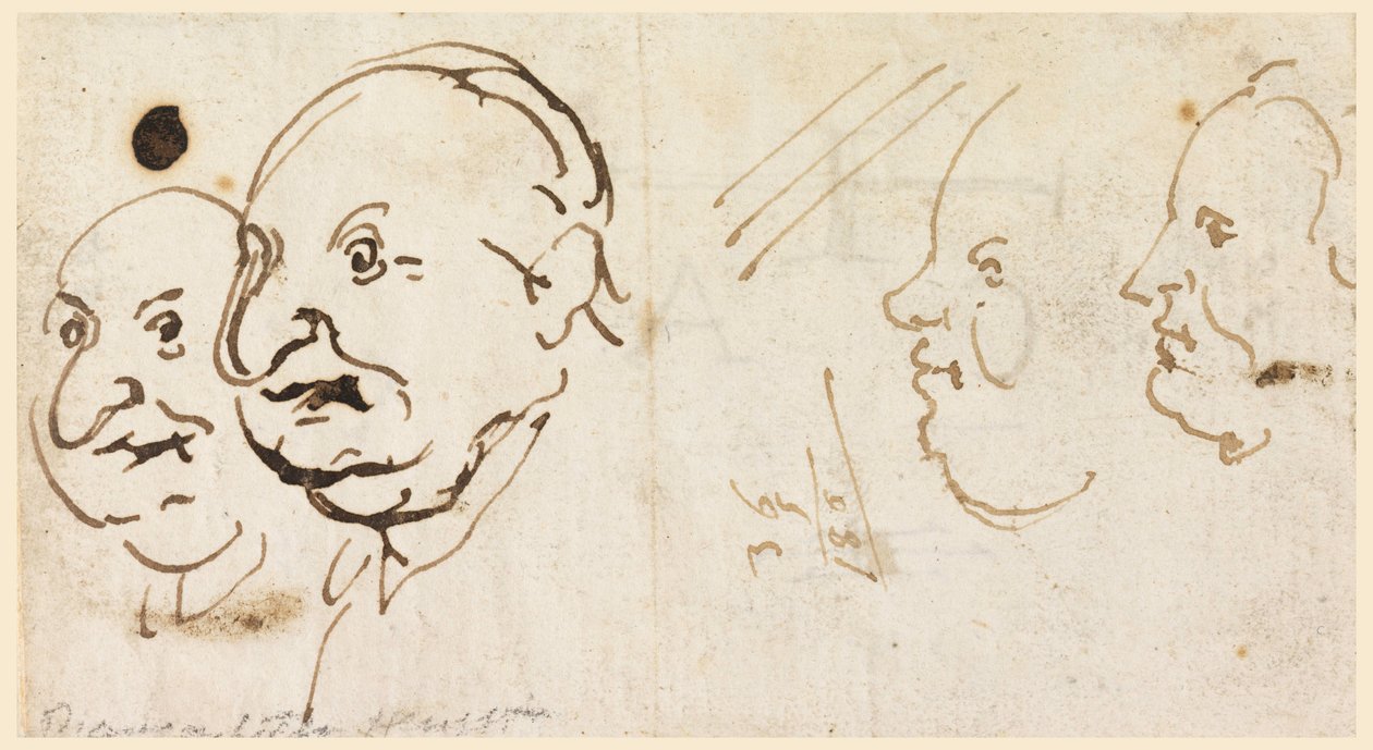 Desenho, Esboços de quatro cabeças em caricatura, 1725-75 de Carlo Marchionni