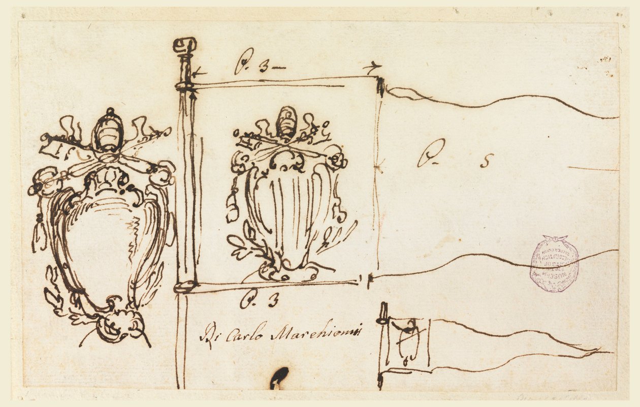 Desenho, Três esboços para um estandarte do Papa Bento XIV, 1740-58 de Carlo Marchionni