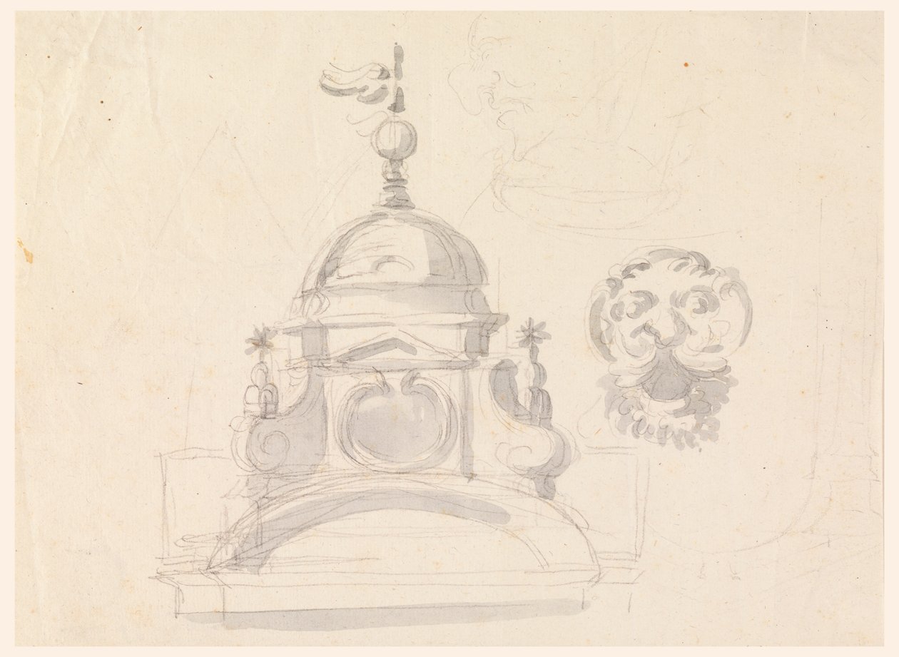 Elevação de uma cúpula, design para uma máscara e caricatura de Carlo Marchionni