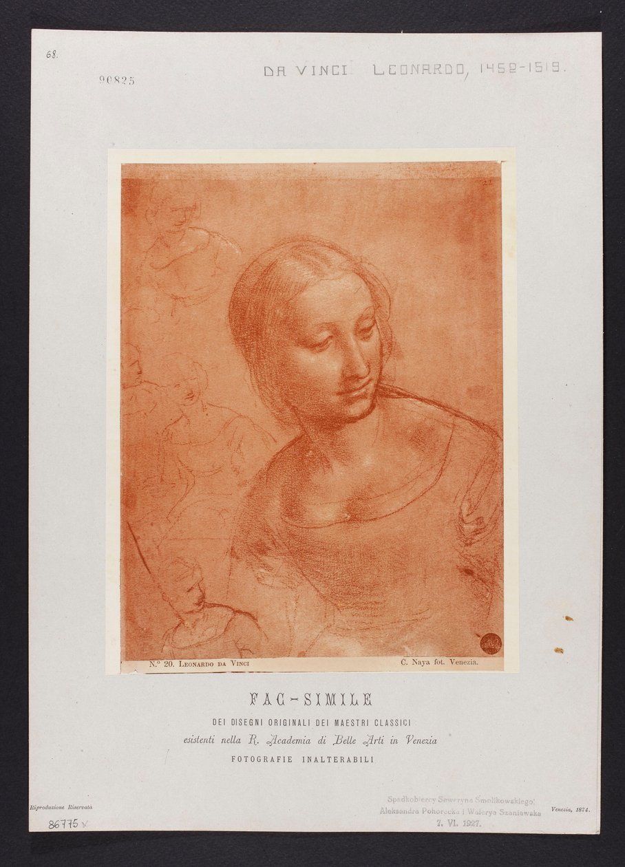 Studie eines weiblichen Büstenbildes, Zeichnung von Leonardo da Vinci (1452-1519) aus der Sammlung der R. Accademia di Belle Arti in Venedig; Tafel aus der Mappe: "Fac-simile dei disegni originali dei maestri classici esistenti nella R. Academia di Belle A de Carlo Naya
