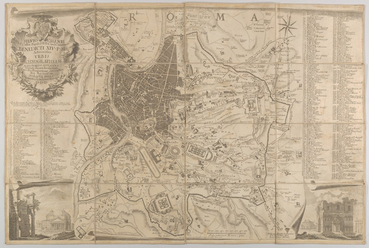 Planta da Roma Antiga com vista para o Panteão inferior esquerdo e um arco triunfal inferior rig..., 1748 de Carlo Nolli