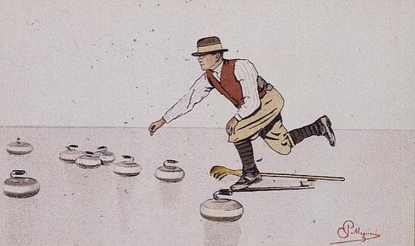 Homem a lançar uma pedra num jogo de enrolar (cor litho) de Carlo Pellegrini