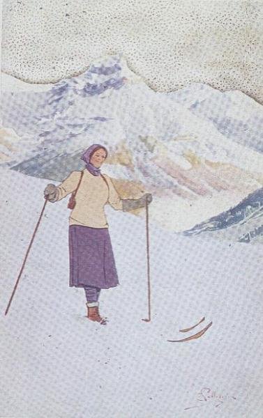 Esquiador nas encostas de Engelberg, Suíça (cor litho) de Carlo Pellegrini
