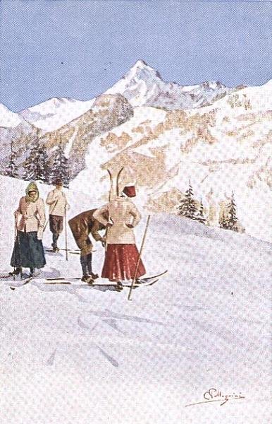 Esquiadores em pausa nas encostas (cor litho) de Carlo Pellegrini