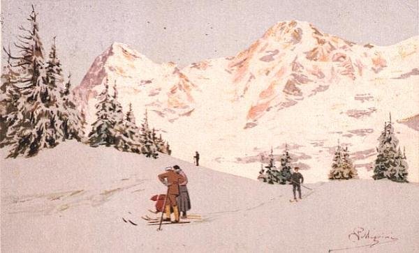 Cena de neve em Wengen (cor litho) de Carlo Pellegrini
