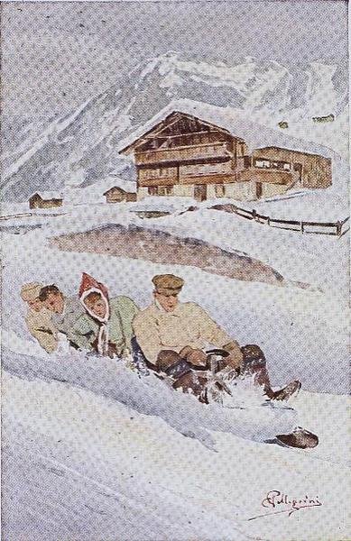 O Toboggan de quatro homens (cor litho) de Carlo Pellegrini